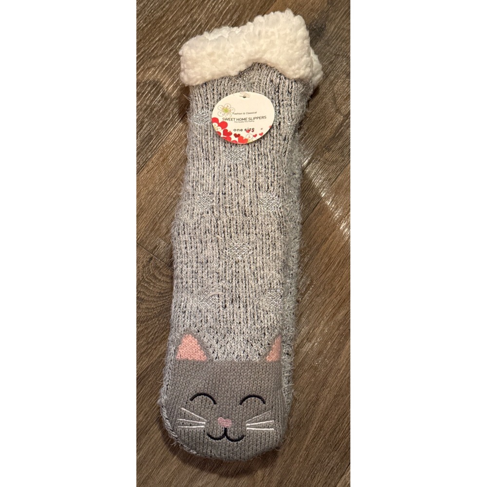 Kitty Cat Slipper Socks Gray Sparkle Sherpa Lined Non Skid Warm Cozy OS 15" NWT